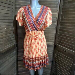 Bohemian Patterned Wrap Dress Flowy Boho Indie Hippie Medium V Neck Grannycore